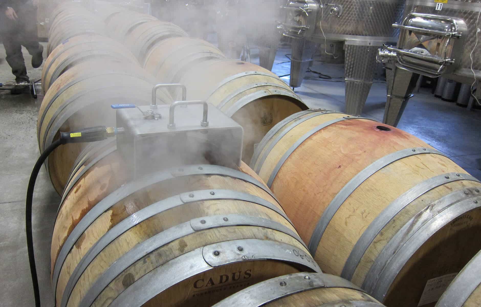 Wine and beer barrels being steamed with Steamericas' Wine Barrel Steam Tool