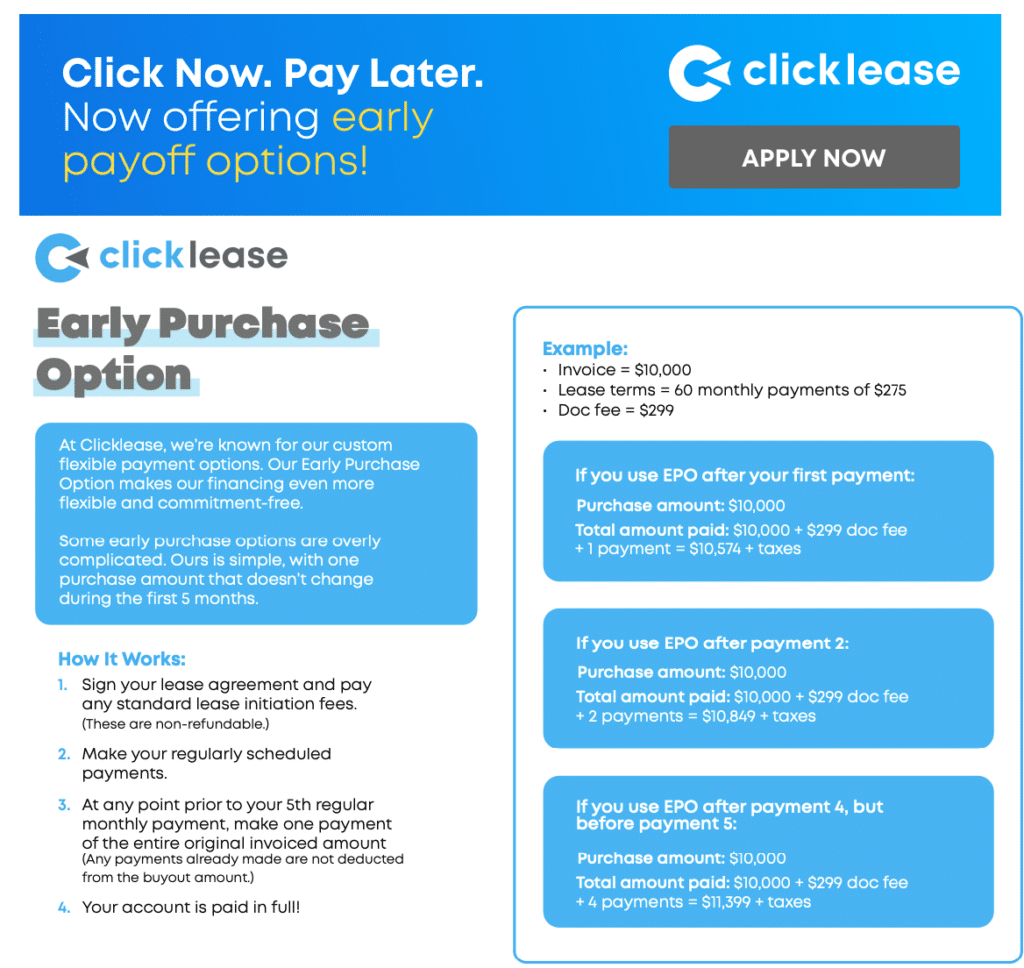 clicklease financing early purchase option. click to apply for financing through clicklease.